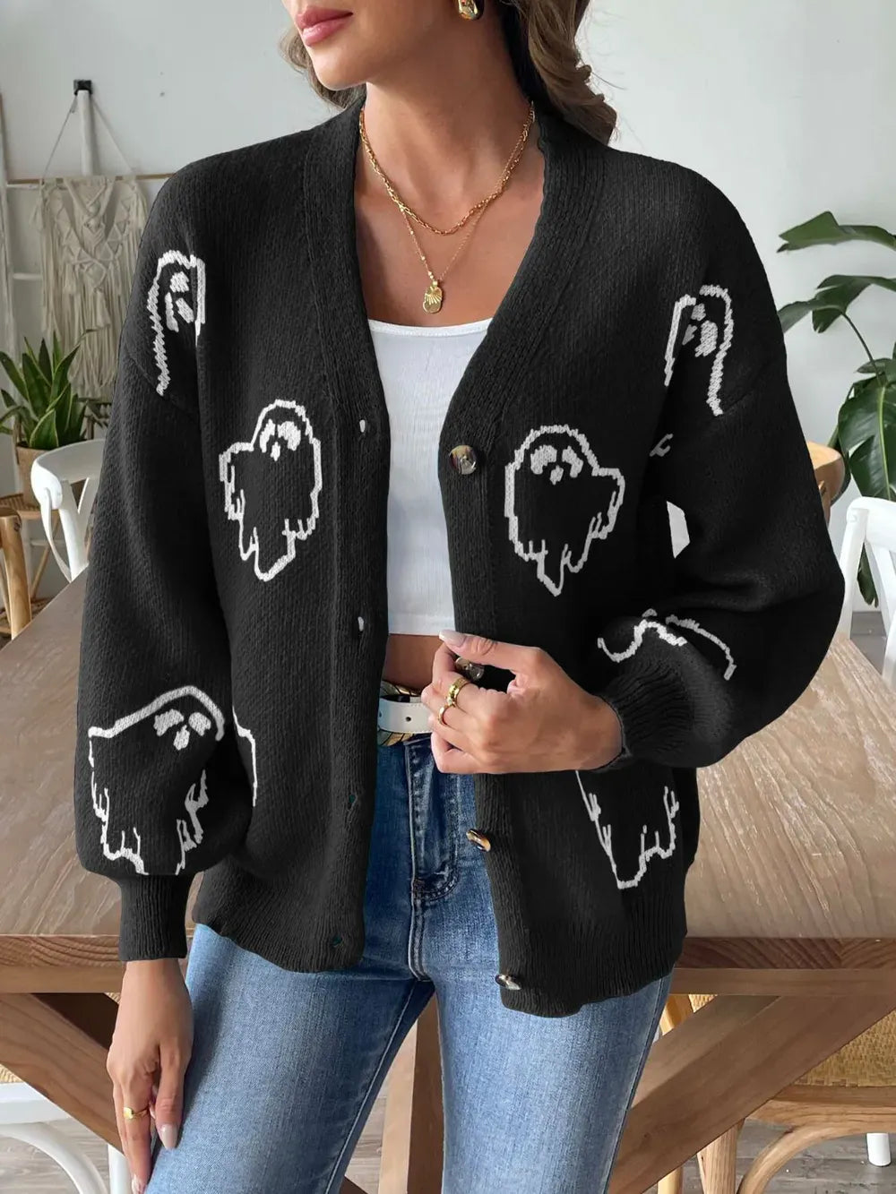 Ghost V-Neck Dropped Shoulder Cardigan-Cardigans-Krush Kandy, Women's Online Fashion Boutique Located in Phoenix, Arizona (Scottsdale Area)