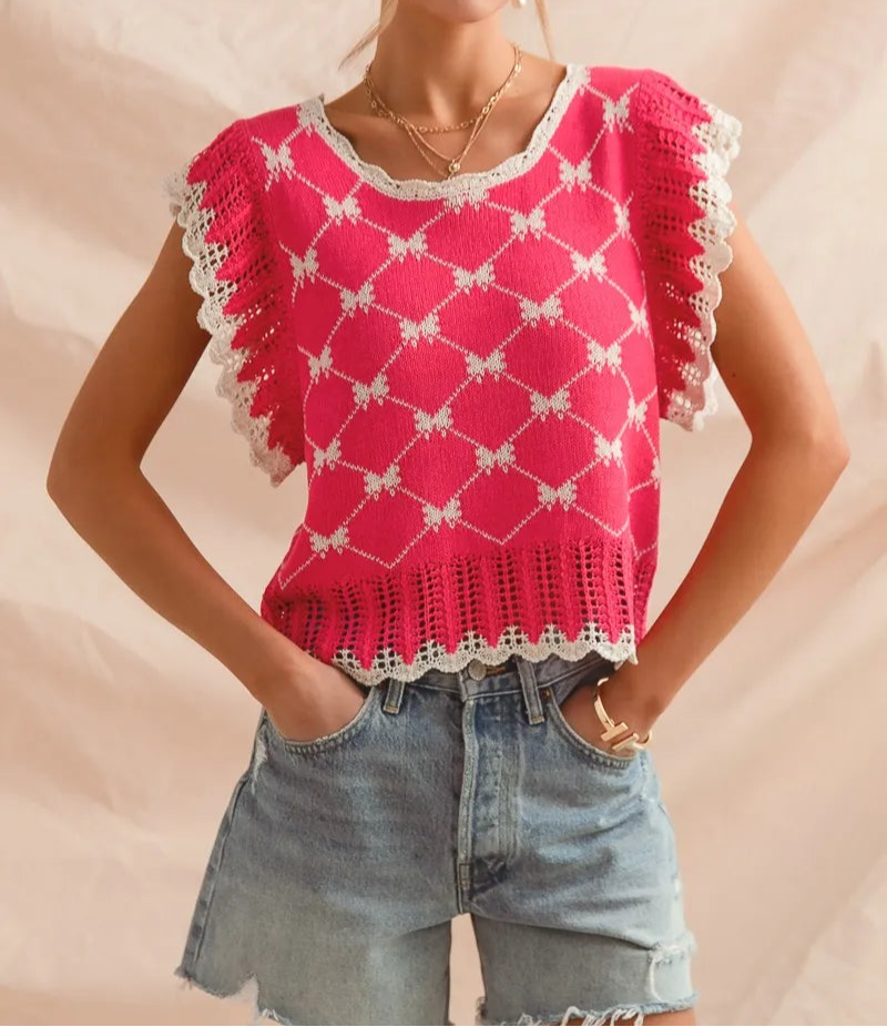 SO ME Bow Ribbon Pattern Sweater Top with Back Key Hole-Blouses-Krush Kandy, Women's Online Fashion Boutique Located in Phoenix, Arizona (Scottsdale Area)