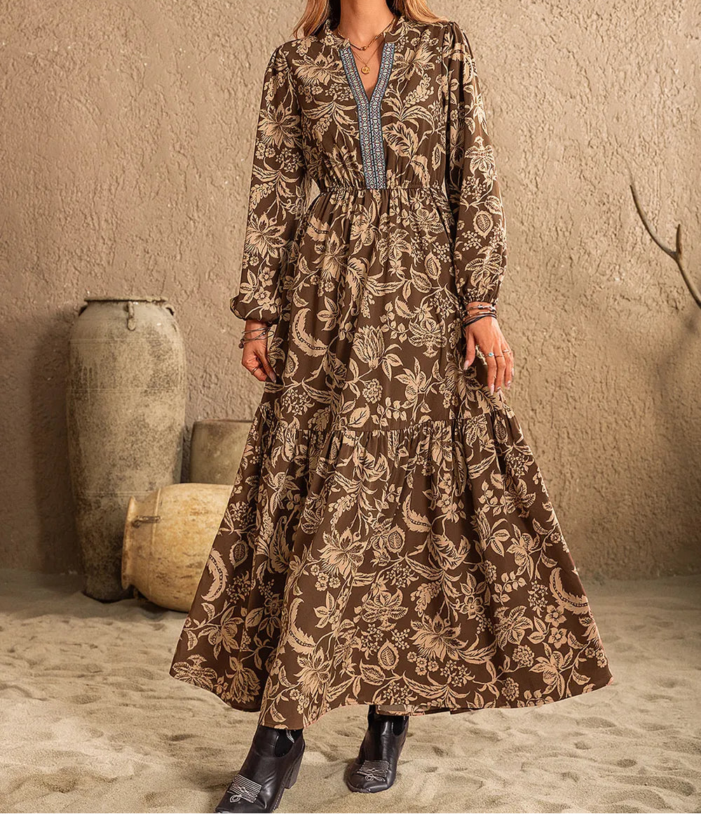 Ruched Printed Notched Long Sleeve Maxi Dress-Dresses-Krush Kandy, Women's Online Fashion Boutique Located in Phoenix, Arizona (Scottsdale Area)
