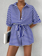 Tie Waist Half Button Striped Romper-Jumpsuits & Rompers-Krush Kandy, Women's Online Fashion Boutique Located in Phoenix, Arizona (Scottsdale Area)