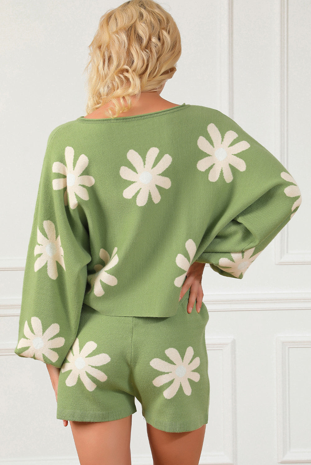 Flower Pattern Long Sleeve Sweater and Drawstring Shorts Set-Krush Kandy, Women's Online Fashion Boutique Located in Phoenix, Arizona (Scottsdale Area)