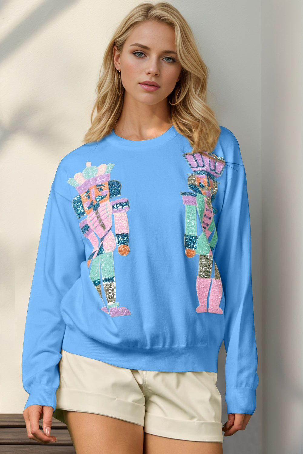 Double Take Full Size Sequin Nutcracker Long Sleeve Sweater-Sweaters-Krush Kandy, Women's Online Fashion Boutique Located in Phoenix, Arizona (Scottsdale Area)