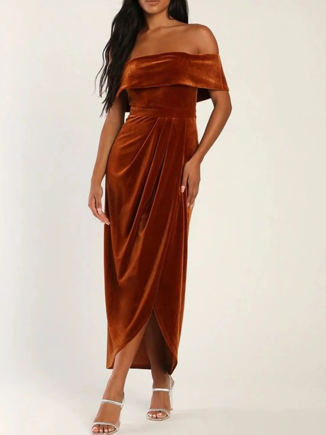 off the shoulder wrap dress Off-Shoulder Wrap Dress with Side Slit Light Brown / XL