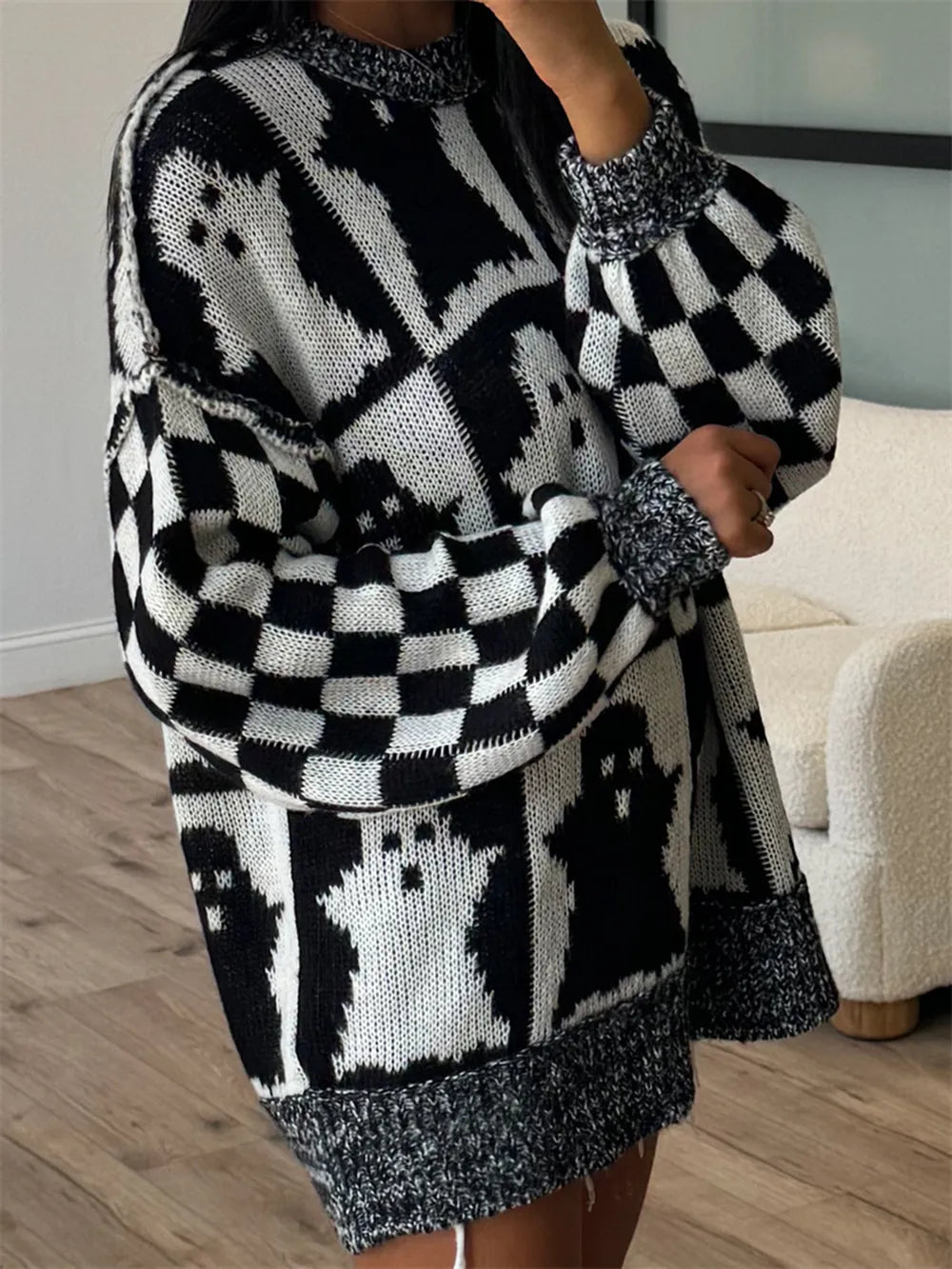 Checkered Ghost Knit Sweater-Sweaters-Krush Kandy, Women's Online Fashion Boutique Located in Phoenix, Arizona (Scottsdale Area)
