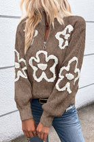 Flower Half Zip Dropped Shoulder Sweater-Krush Kandy, Women's Online Fashion Boutique Located in Phoenix, Arizona (Scottsdale Area)