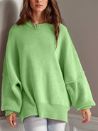 Double Take Side Slit Round Neck Long Sleeve Sweater-Sweaters-Krush Kandy, Women's Online Fashion Boutique Located in Phoenix, Arizona (Scottsdale Area)