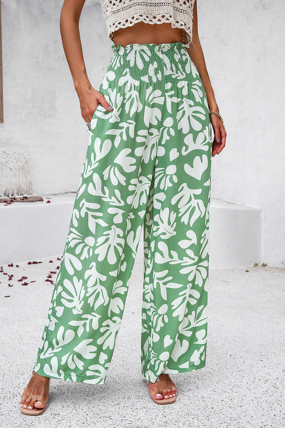 Smocked Printed Wide Leg Pants with Pockets-Pants-Krush Kandy, Women's Online Fashion Boutique Located in Phoenix, Arizona (Scottsdale Area)