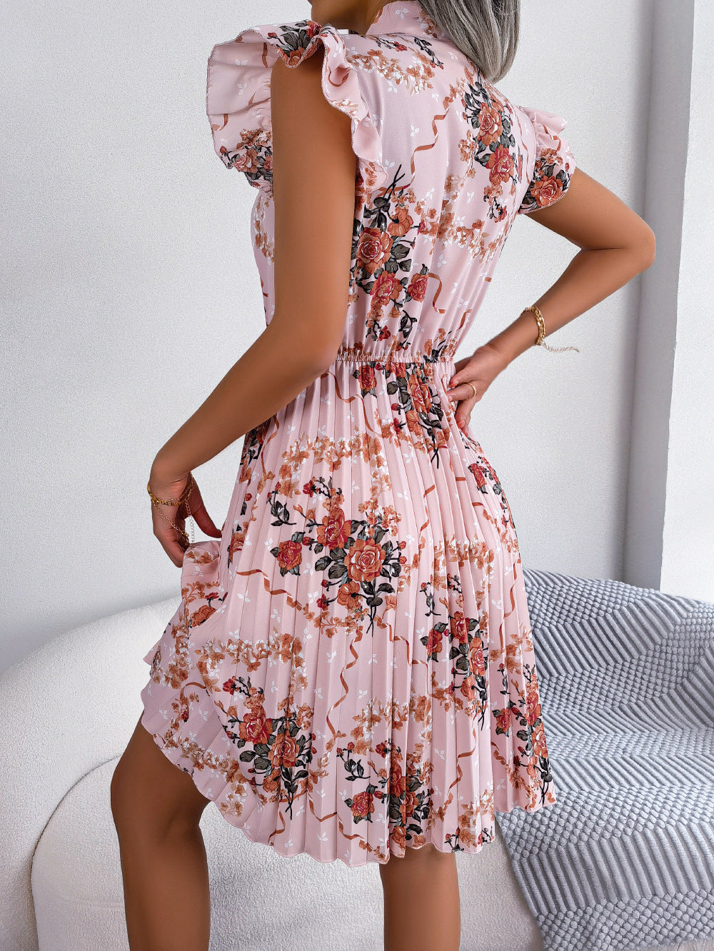 Garden Bloom Pleated Tie-Neck Dress-Dresses-Krush Kandy, Women's Online Fashion Boutique Located in Phoenix, Arizona (Scottsdale Area)