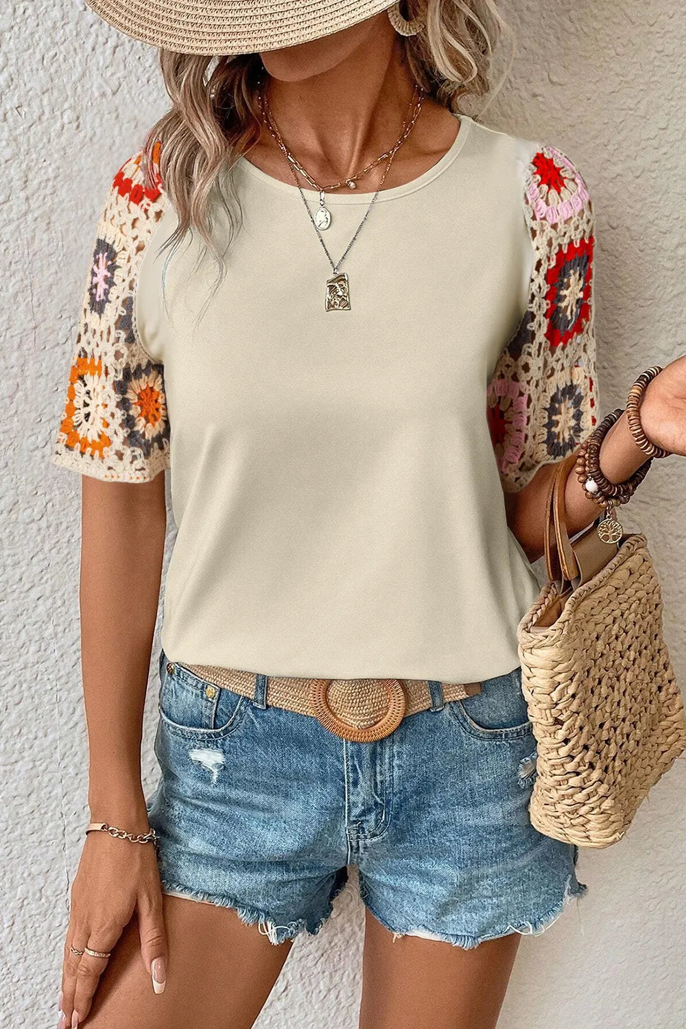 Retro Bloom Crochet Sleeve Tee-Tops-Krush Kandy, Women's Online Fashion Boutique Located in Phoenix, Arizona (Scottsdale Area)