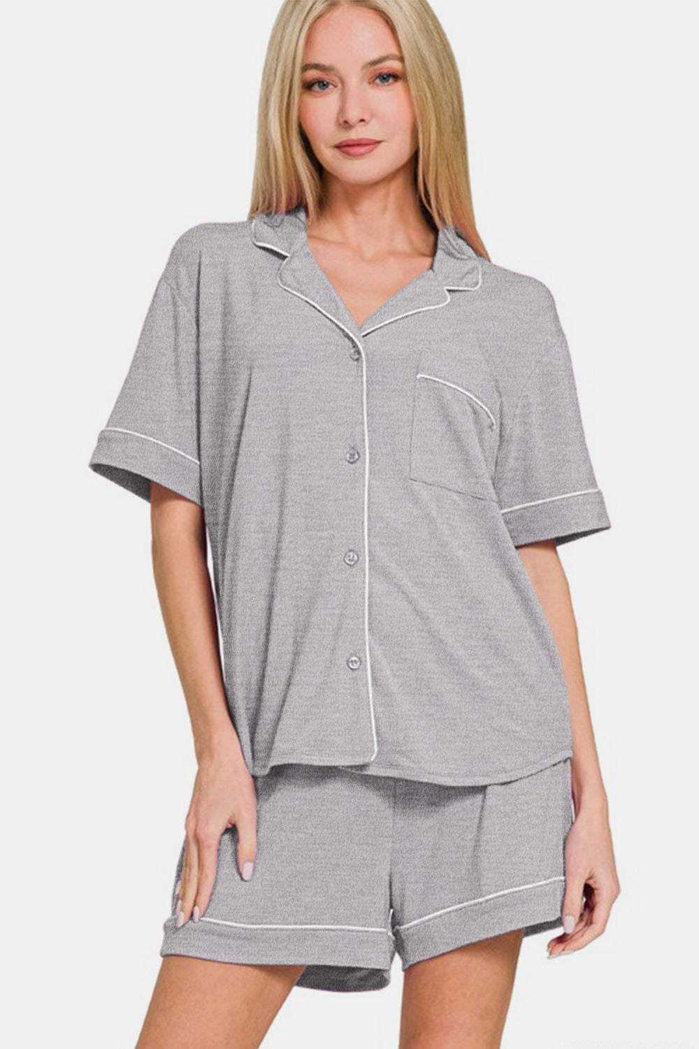 Zenana Button Down Short Sleeve Top and Shorts Lounge Set-Loungewear-Krush Kandy, Women's Online Fashion Boutique Located in Phoenix, Arizona (Scottsdale Area)