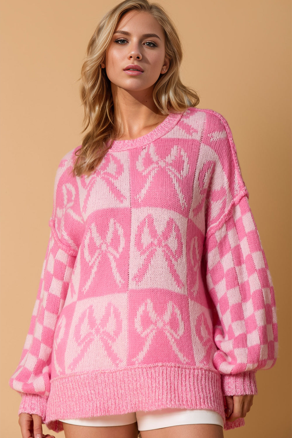 Sweetheart Bow Check Sweater-Sweaters-Krush Kandy, Women's Online Fashion Boutique Located in Phoenix, Arizona (Scottsdale Area)