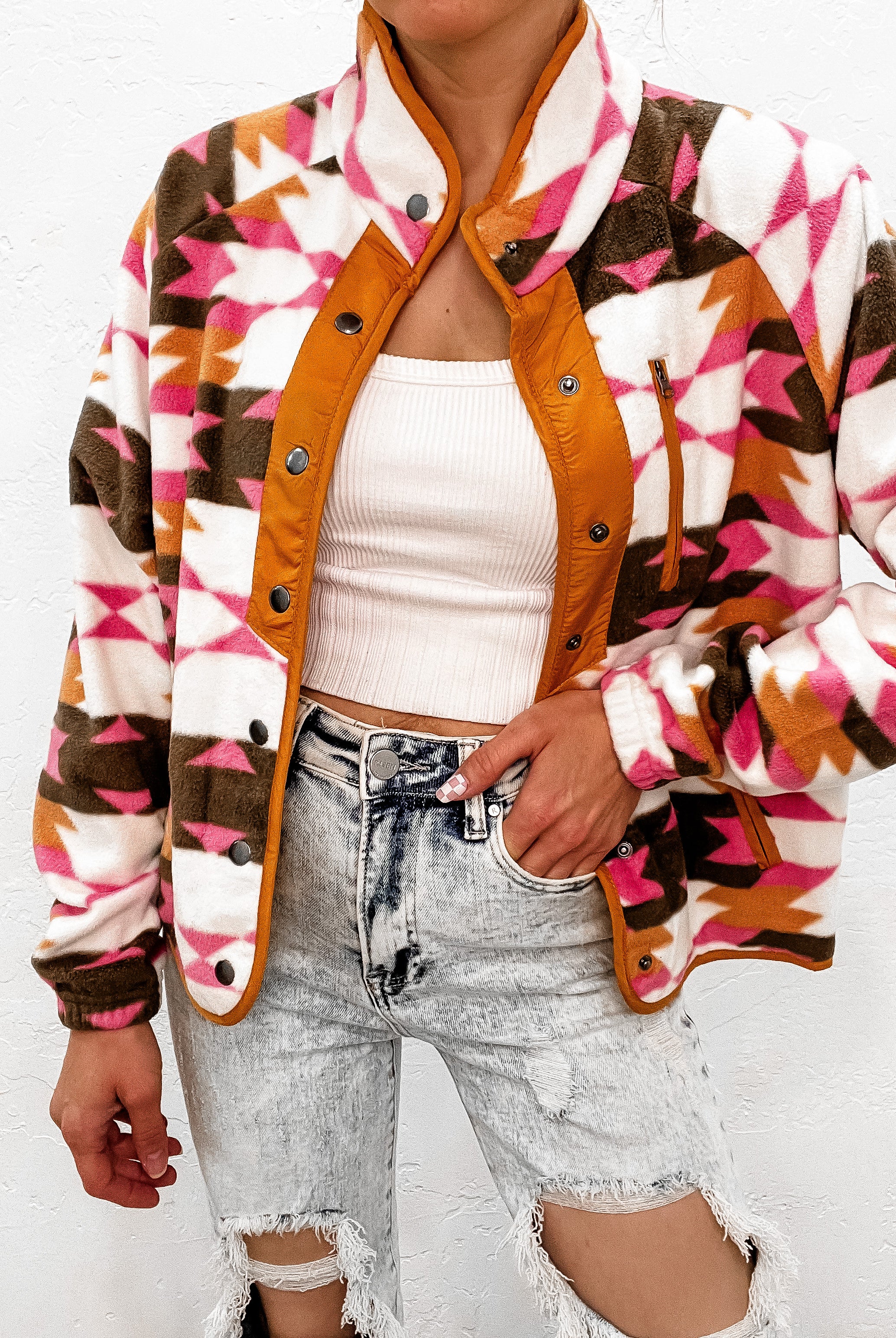 Pop of Pink Western Aztec Fleece Snap Button Jacket-Jackets-Krush Kandy, Women's Online Fashion Boutique Located in Phoenix, Arizona (Scottsdale Area)