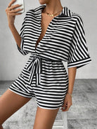 Tie Waist Half Button Striped Romper-Jumpsuits & Rompers-Krush Kandy, Women's Online Fashion Boutique Located in Phoenix, Arizona (Scottsdale Area)