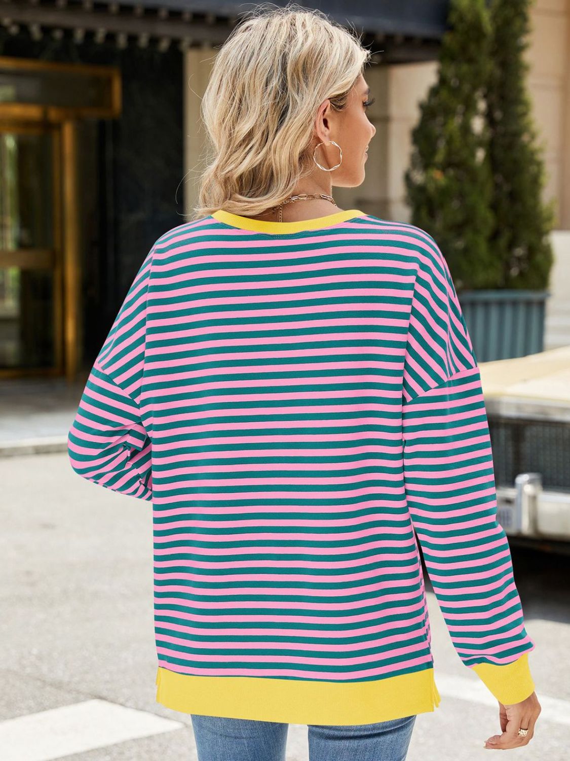 Slit Striped Round Neck Long Sleeve Sweatshirt-Krush Kandy, Women's Online Fashion Boutique Located in Phoenix, Arizona (Scottsdale Area)