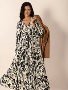 Tied Printed V-Neck Long Sleeve Midi Dress-Krush Kandy, Women's Online Fashion Boutique Located in Phoenix, Arizona (Scottsdale Area)