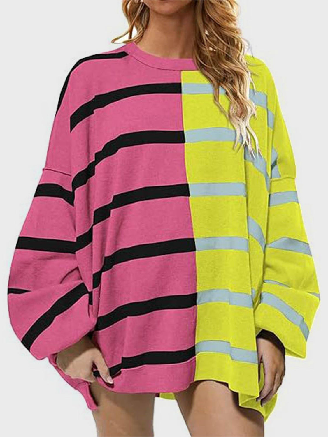 Luxe Half and Half Oversized Stripe Sweater-Sweaters-Krush Kandy, Women's Online Fashion Boutique Located in Phoenix, Arizona (Scottsdale Area)