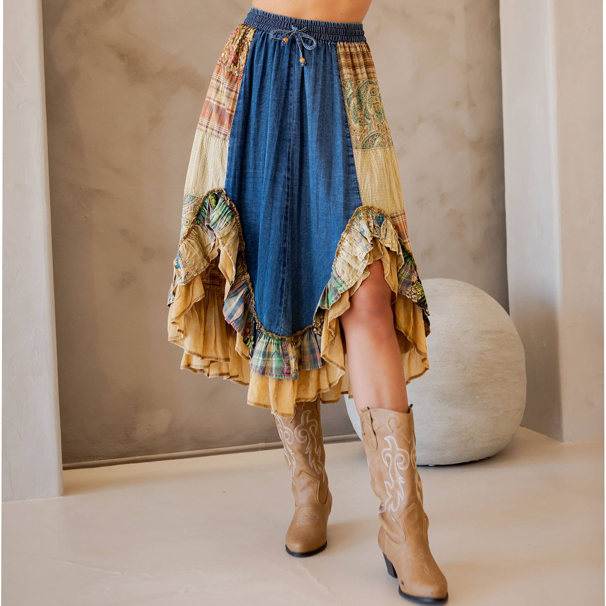 Western Boho Chic: Patchwork Midi Skirt-Skirts-Krush Kandy, Women's Online Fashion Boutique Located in Phoenix, Arizona (Scottsdale Area)