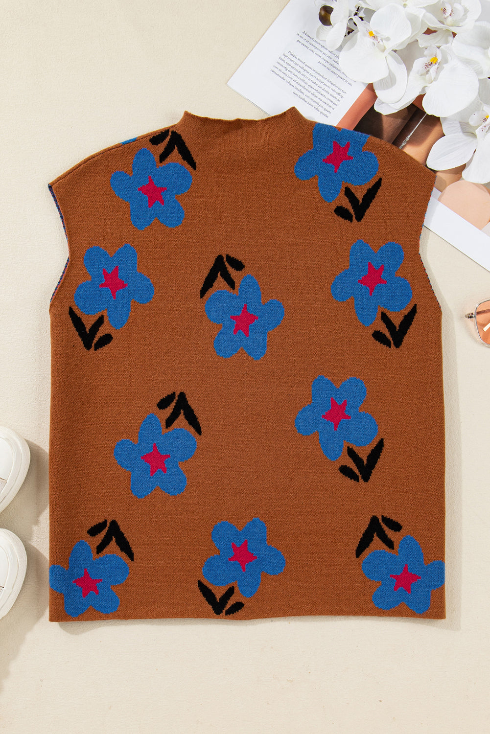 Chestnut Floral Knit Sleeveless Top-Tops-Krush Kandy, Women's Online Fashion Boutique Located in Phoenix, Arizona (Scottsdale Area)