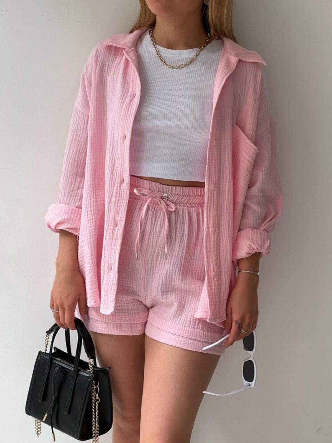 Kinsley Texture Button-Up Shirt and Drawstring Shorts Set-Krush Kandy, Women's Online Fashion Boutique Located in Phoenix, Arizona (Scottsdale Area)