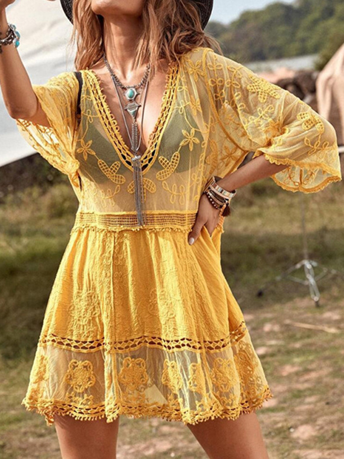 Lace Detail Plunge Cover-Up Dress-Dresses-Krush Kandy, Women's Online Fashion Boutique Located in Phoenix, Arizona (Scottsdale Area)