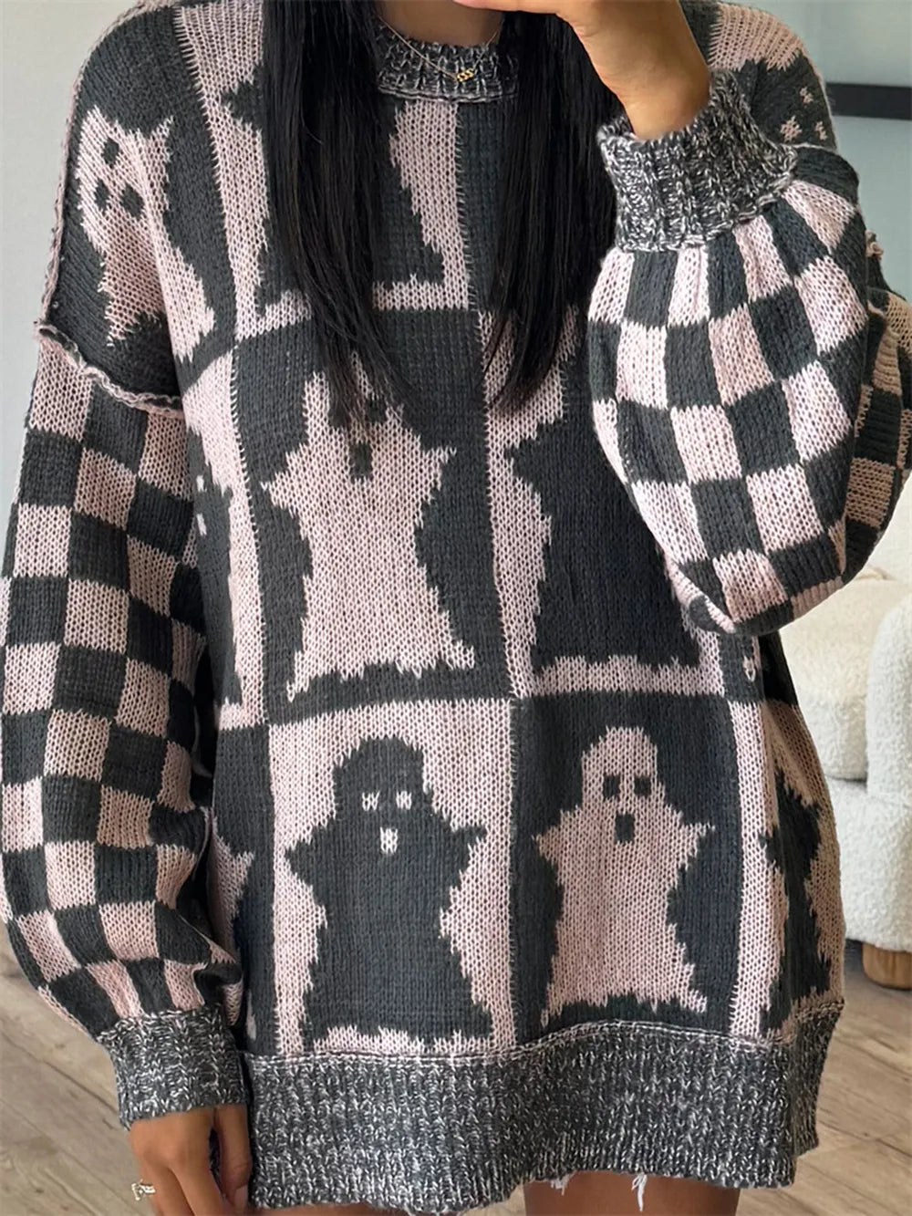 Checkered Ghost Knit Sweater-Sweaters-Krush Kandy, Women's Online Fashion Boutique Located in Phoenix, Arizona (Scottsdale Area)