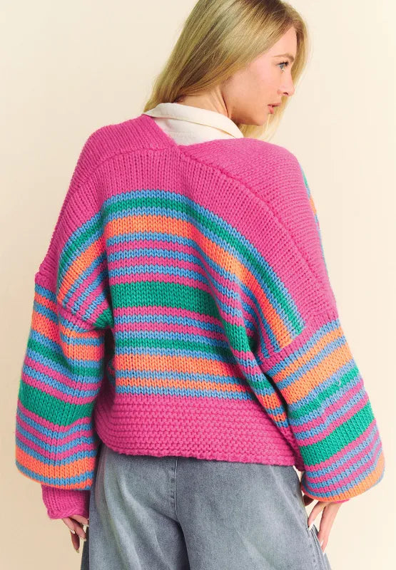Contrast Striped Open Front Long Sleeve Cardigan-Cardigans-Krush Kandy, Women's Online Fashion Boutique Located in Phoenix, Arizona (Scottsdale Area)