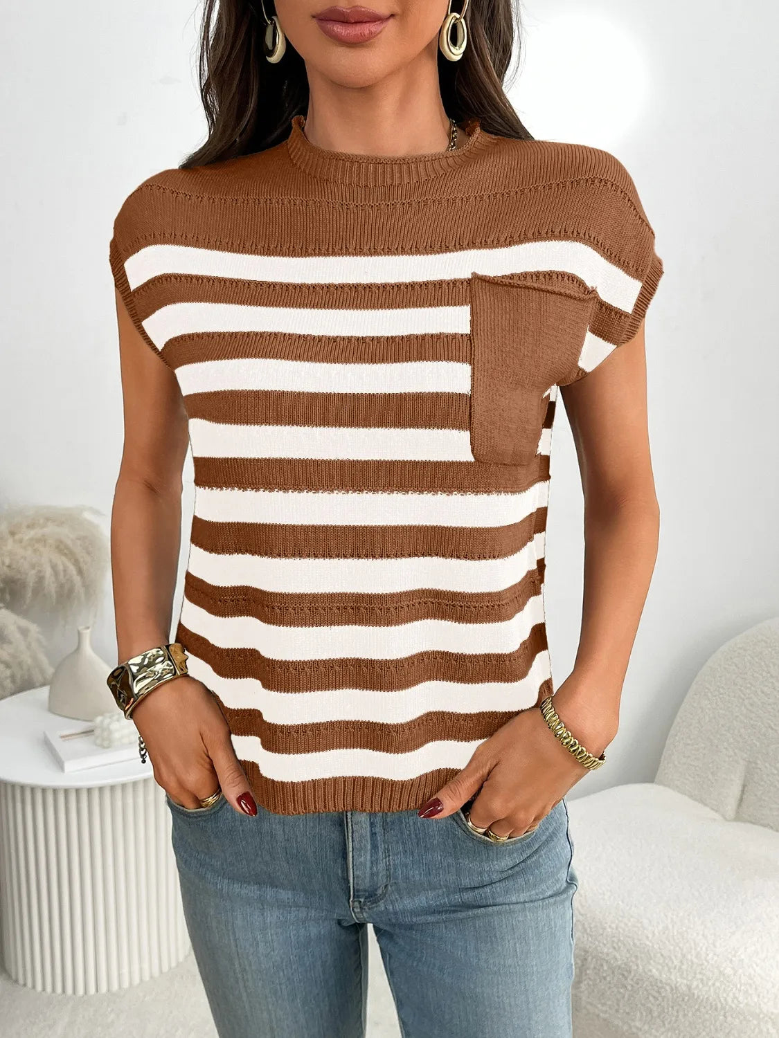 Striped Mock Neck Cap Sleeve Knit Top-Tops-Krush Kandy, Women's Online Fashion Boutique Located in Phoenix, Arizona (Scottsdale Area)