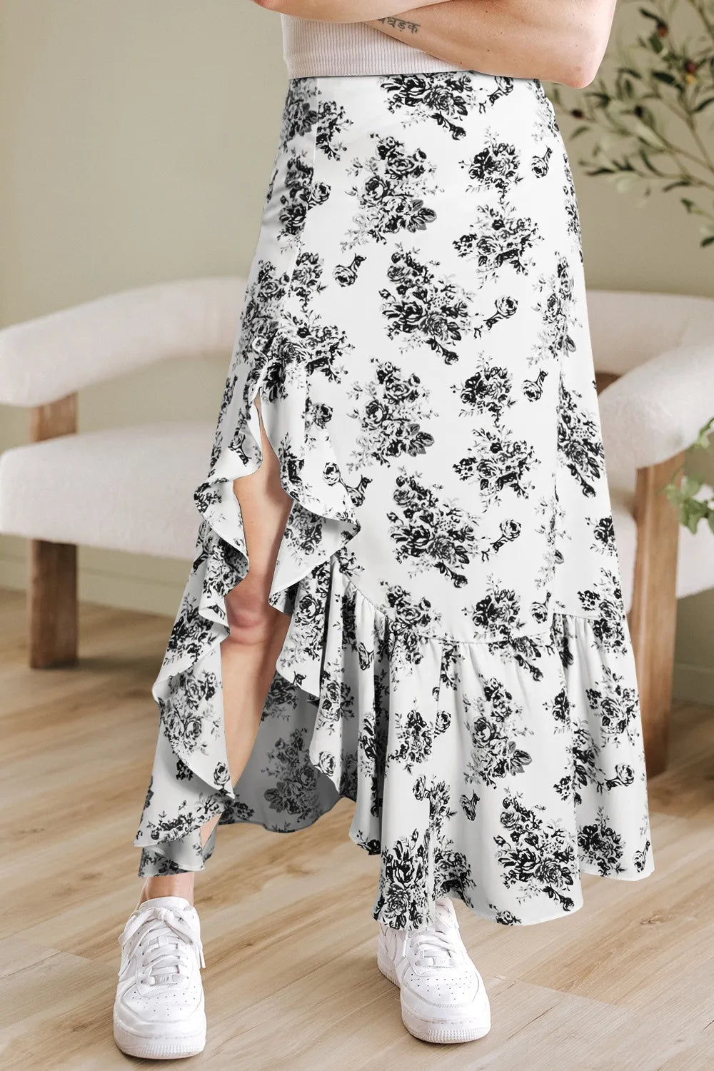 Boho Floral High Waist Ruffle Split Maxi Skirt-Skirts-Krush Kandy, Women's Online Fashion Boutique Located in Phoenix, Arizona (Scottsdale Area)