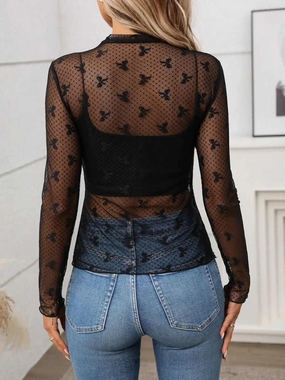 Floral Mock Neck Long Sleeve Mesh Top-Tops-Krush Kandy, Women's Online Fashion Boutique Located in Phoenix, Arizona (Scottsdale Area)