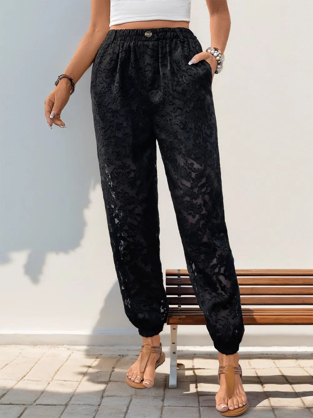 Pocketed Lace Elastic Waist Pants-Pants-Krush Kandy, Women's Online Fashion Boutique Located in Phoenix, Arizona (Scottsdale Area)