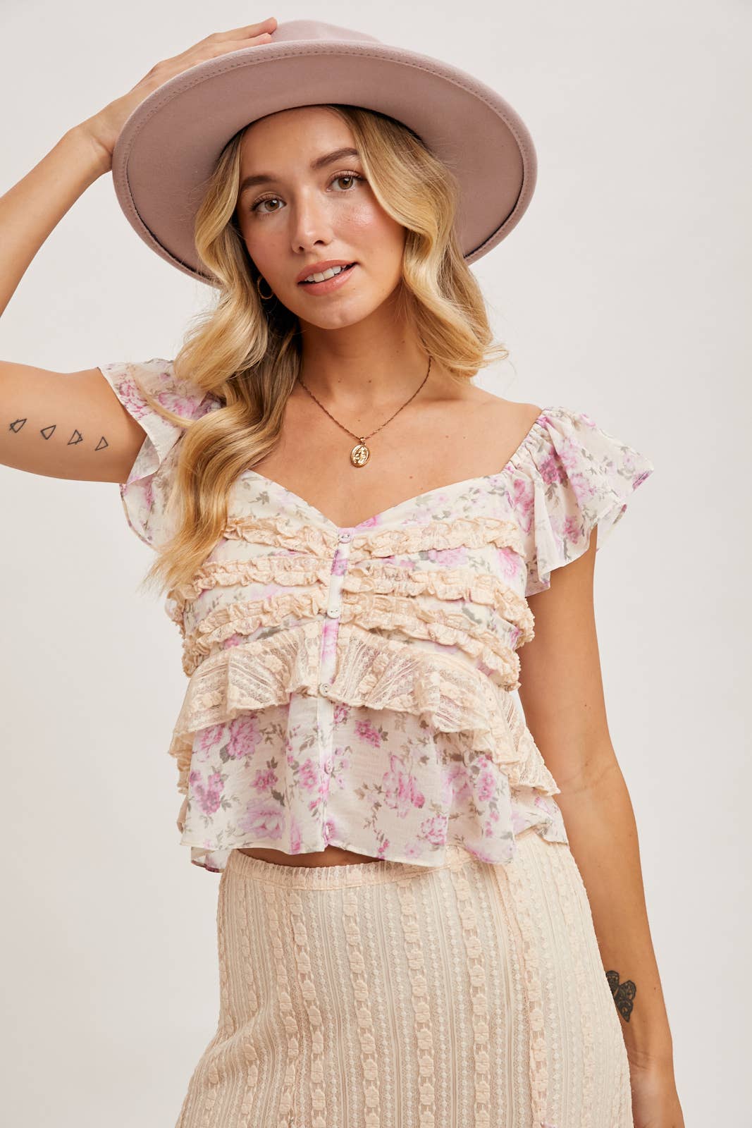 Floral Print Ruffle Lace Trimmed Sweetheart Neck Top-Tops-Krush Kandy, Women's Online Fashion Boutique Located in Phoenix, Arizona (Scottsdale Area)