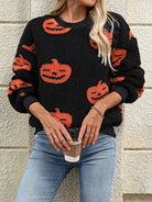 Fuzzy Pumpkin Round Neck Dropped Shoulder Sweater-Krush Kandy, Women's Online Fashion Boutique Located in Phoenix, Arizona (Scottsdale Area)