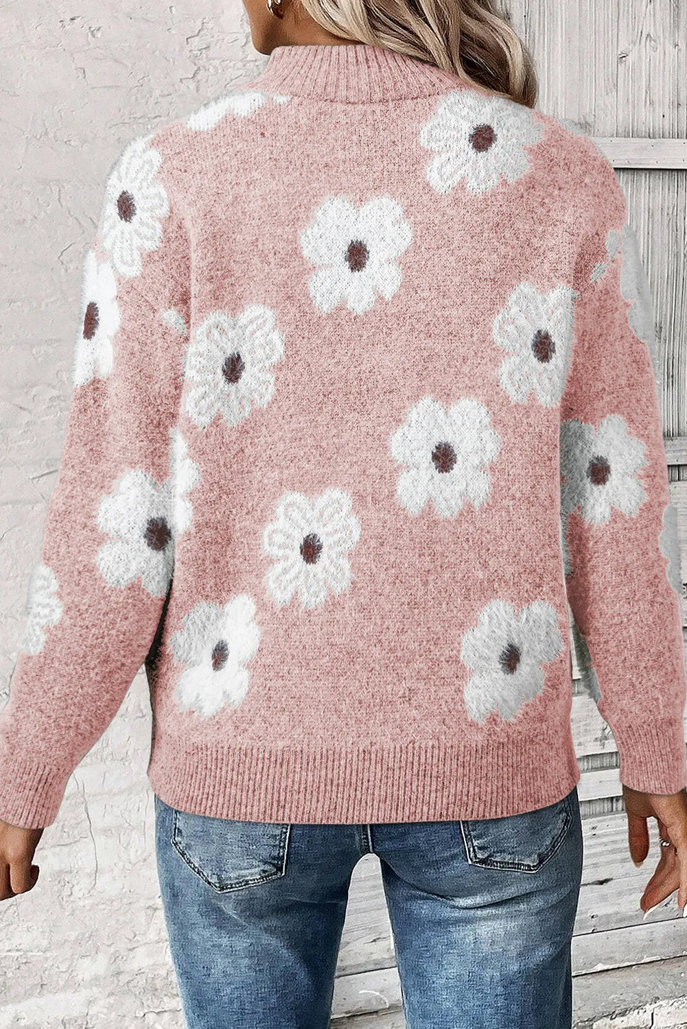 Flower Half Zip Long Sleeve Sweater-Sweaters-Krush Kandy, Women's Online Fashion Boutique Located in Phoenix, Arizona (Scottsdale Area)