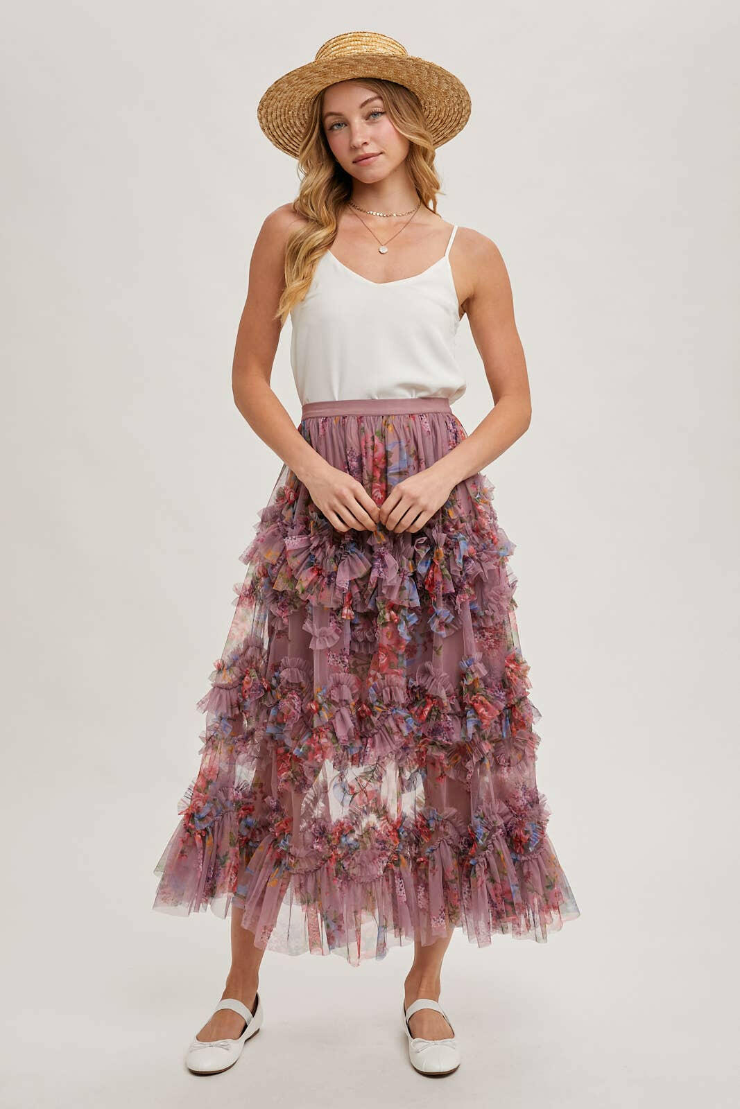 Floral Ruffled Mesh Midi Skirt-Skirts-Krush Kandy, Women's Online Fashion Boutique Located in Phoenix, Arizona (Scottsdale Area)