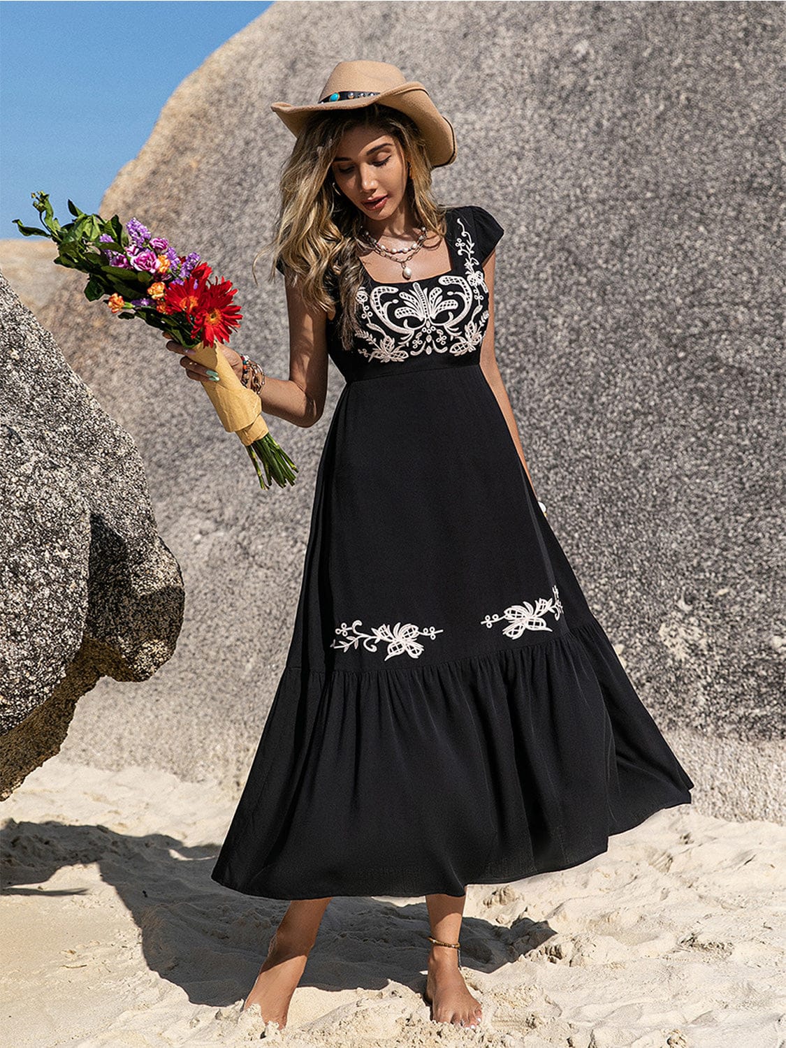 Embroidered Square Neck Ruffle Hem Dress-Krush Kandy, Women's Online Fashion Boutique Located in Phoenix, Arizona (Scottsdale Area)