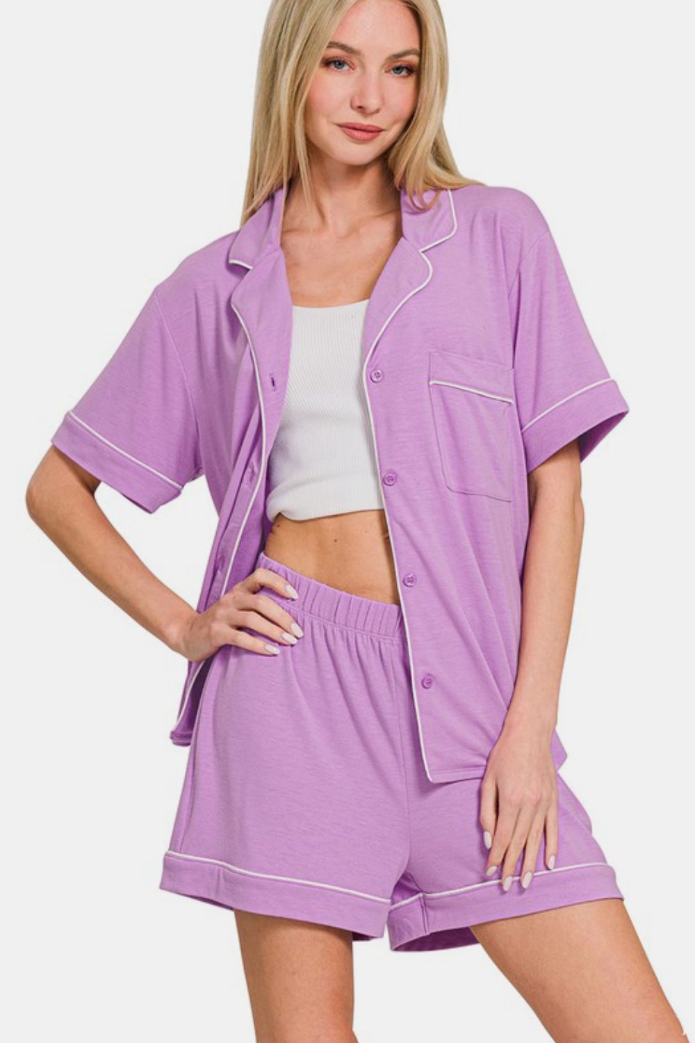 Zenana Button Down Short Sleeve Top and Shorts Lounge Set-Loungewear-Krush Kandy, Women's Online Fashion Boutique Located in Phoenix, Arizona (Scottsdale Area)