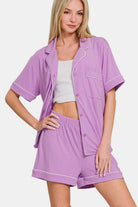 Zenana Button Down Short Sleeve Top and Shorts Lounge Set-Loungewear-Krush Kandy, Women's Online Fashion Boutique Located in Phoenix, Arizona (Scottsdale Area)