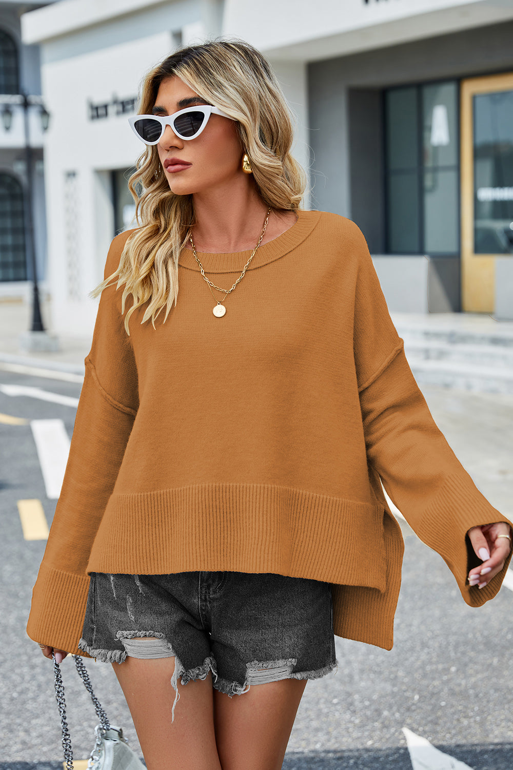 High-Low Slit Round Neck Long Sleeve Sweater-Krush Kandy, Women's Online Fashion Boutique Located in Phoenix, Arizona (Scottsdale Area)