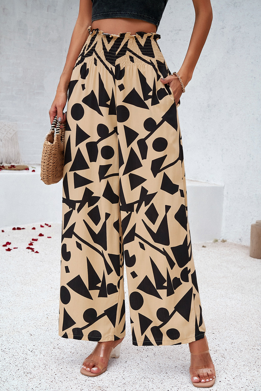 Smocked Printed Wide Leg Pants with Pockets-Pants-Krush Kandy, Women's Online Fashion Boutique Located in Phoenix, Arizona (Scottsdale Area)