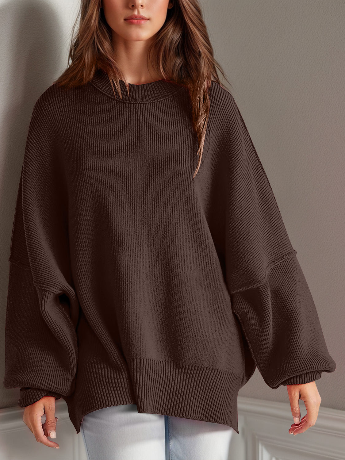 Double Take Side Slit Round Neck Long Sleeve Sweater-Sweaters-Krush Kandy, Women's Online Fashion Boutique Located in Phoenix, Arizona (Scottsdale Area)