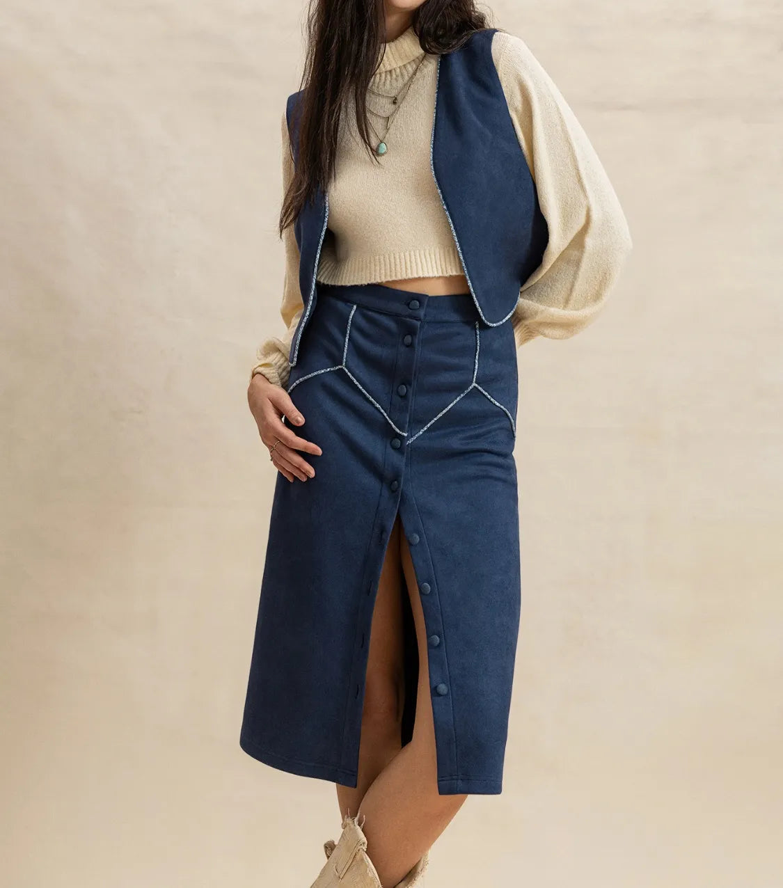 Open Front Vest and Buttoned Skirt Set-2 Piece Outfit Sets-Krush Kandy, Women's Online Fashion Boutique Located in Phoenix, Arizona (Scottsdale Area)