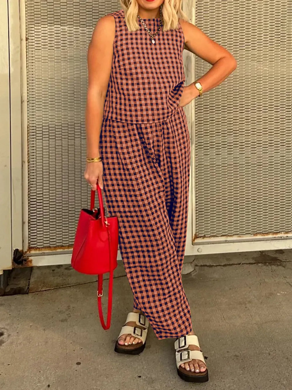 Lovelet Plaid Round Neck Sleeveless Top and Pants Set-2 Piece Outfit Sets-Krush Kandy, Women's Online Fashion Boutique Located in Phoenix, Arizona (Scottsdale Area)