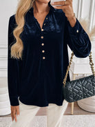 Velvet Button Front Long Sleeve Blouse-Tops-Krush Kandy, Women's Online Fashion Boutique Located in Phoenix, Arizona (Scottsdale Area)