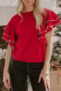 Pearl Embellished Double Ruffle Short Sleeve Top-Tops-Krush Kandy, Women's Online Fashion Boutique Located in Phoenix, Arizona (Scottsdale Area)