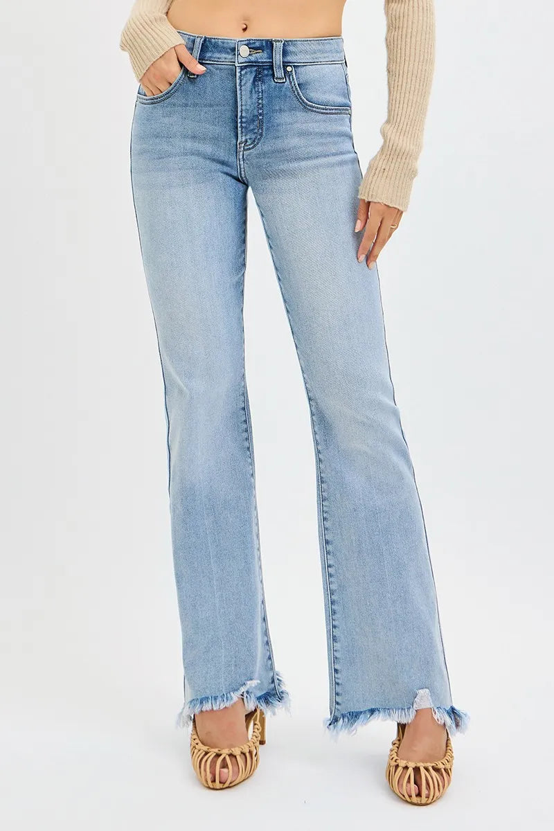 RISEN Full Size Tummy Control Mid Rise Flare Jeans with Fray Hem Detailed Plus Size-Jeans-Krush Kandy, Women's Online Fashion Boutique Located in Phoenix, Arizona (Scottsdale Area)