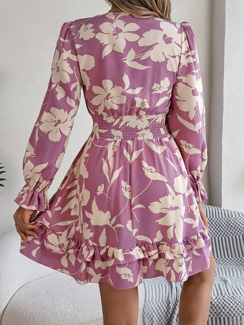 Tied Ruffled Printed Long Sleeve Dress-Krush Kandy, Women's Online Fashion Boutique Located in Phoenix, Arizona (Scottsdale Area)