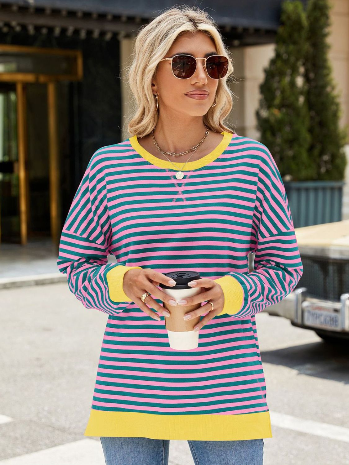 Slit Striped Round Neck Long Sleeve Sweatshirt-Krush Kandy, Women's Online Fashion Boutique Located in Phoenix, Arizona (Scottsdale Area)