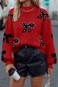 Pearl Embellished Bow Pattern Loose Sweater-Sweater-Krush Kandy, Women's Online Fashion Boutique Located in Phoenix, Arizona (Scottsdale Area)