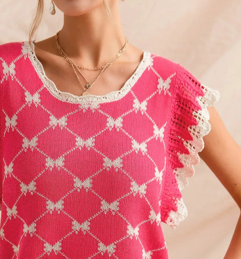 SO ME Bow Ribbon Pattern Sweater Top with Back Key Hole-Blouses-Krush Kandy, Women's Online Fashion Boutique Located in Phoenix, Arizona (Scottsdale Area)