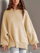 Double Take Side Slit Round Neck Long Sleeve Sweater-Sweaters-Krush Kandy, Women's Online Fashion Boutique Located in Phoenix, Arizona (Scottsdale Area)